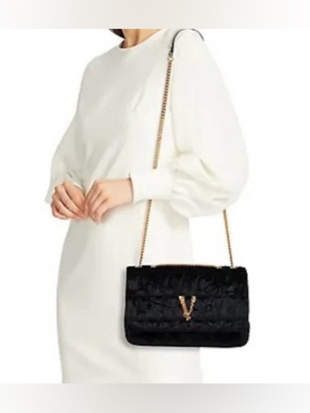 Versace Black Quilted Velvet Shoulder Bag with Gold V and Gold Hardware Chain - Picture 16 of 17